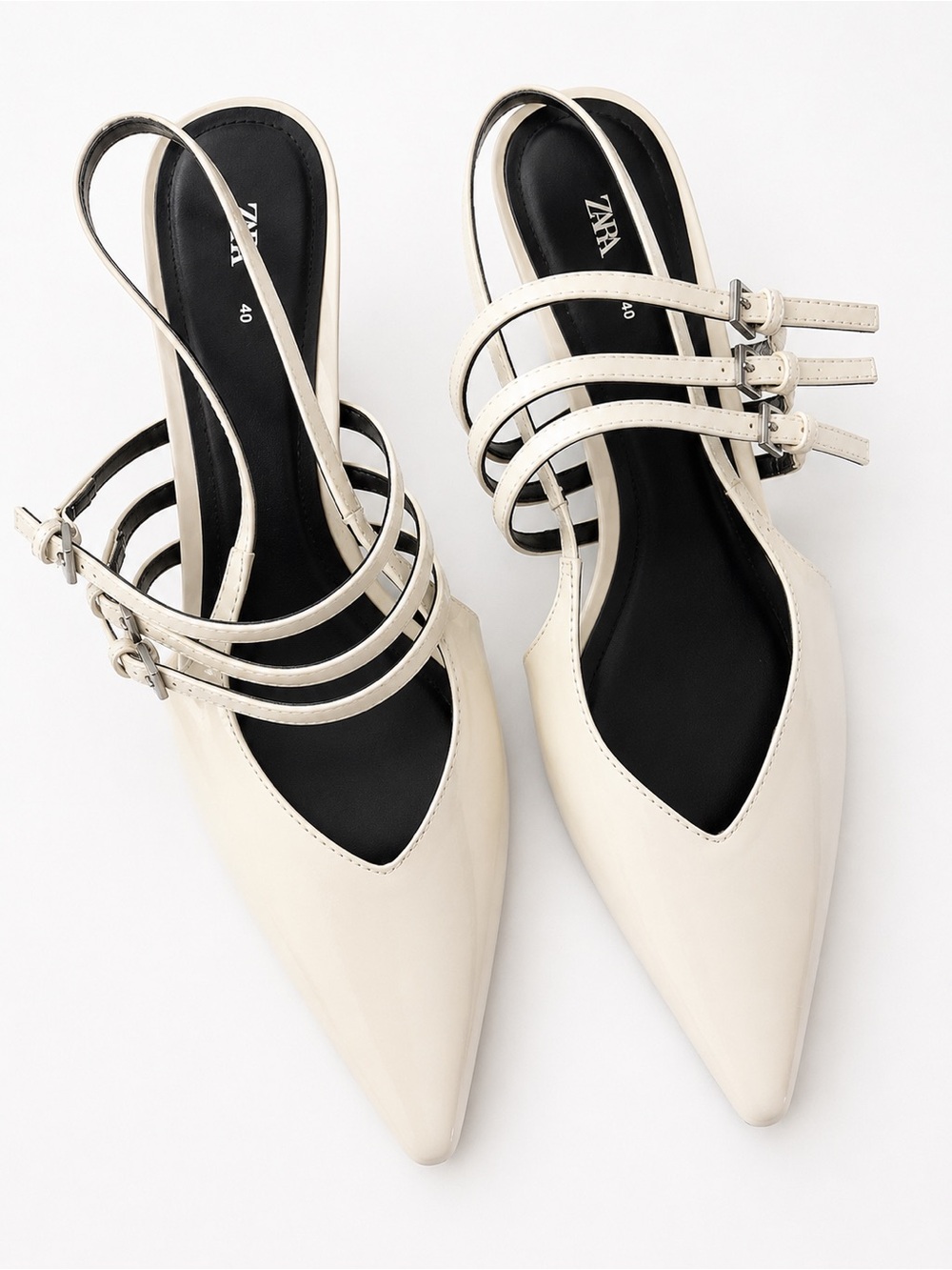 Zara Cream Pointed Triple-Strap Slingback Flats